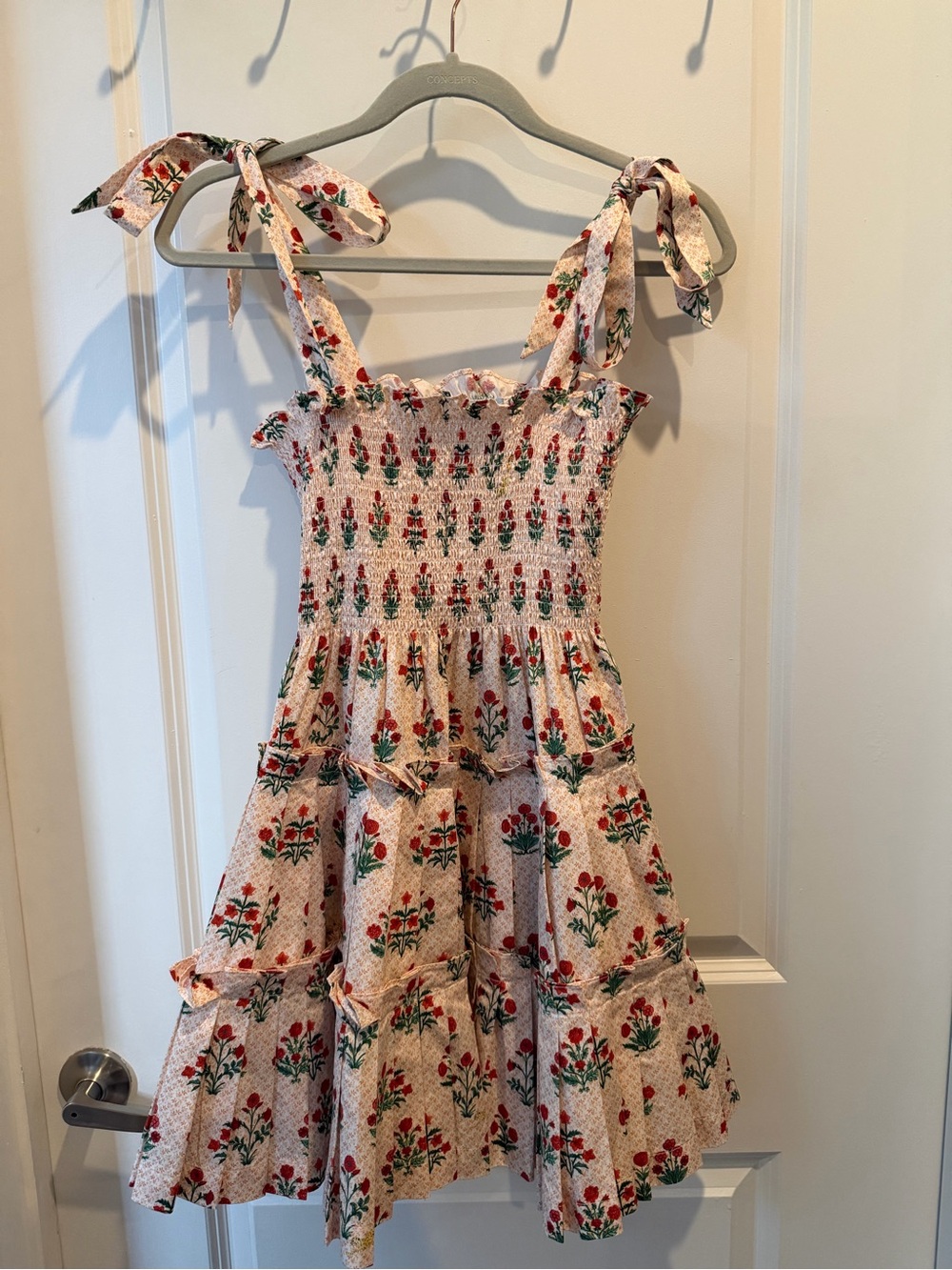 Hill House Mini Sundress in Cream with Red & Green Floral Print